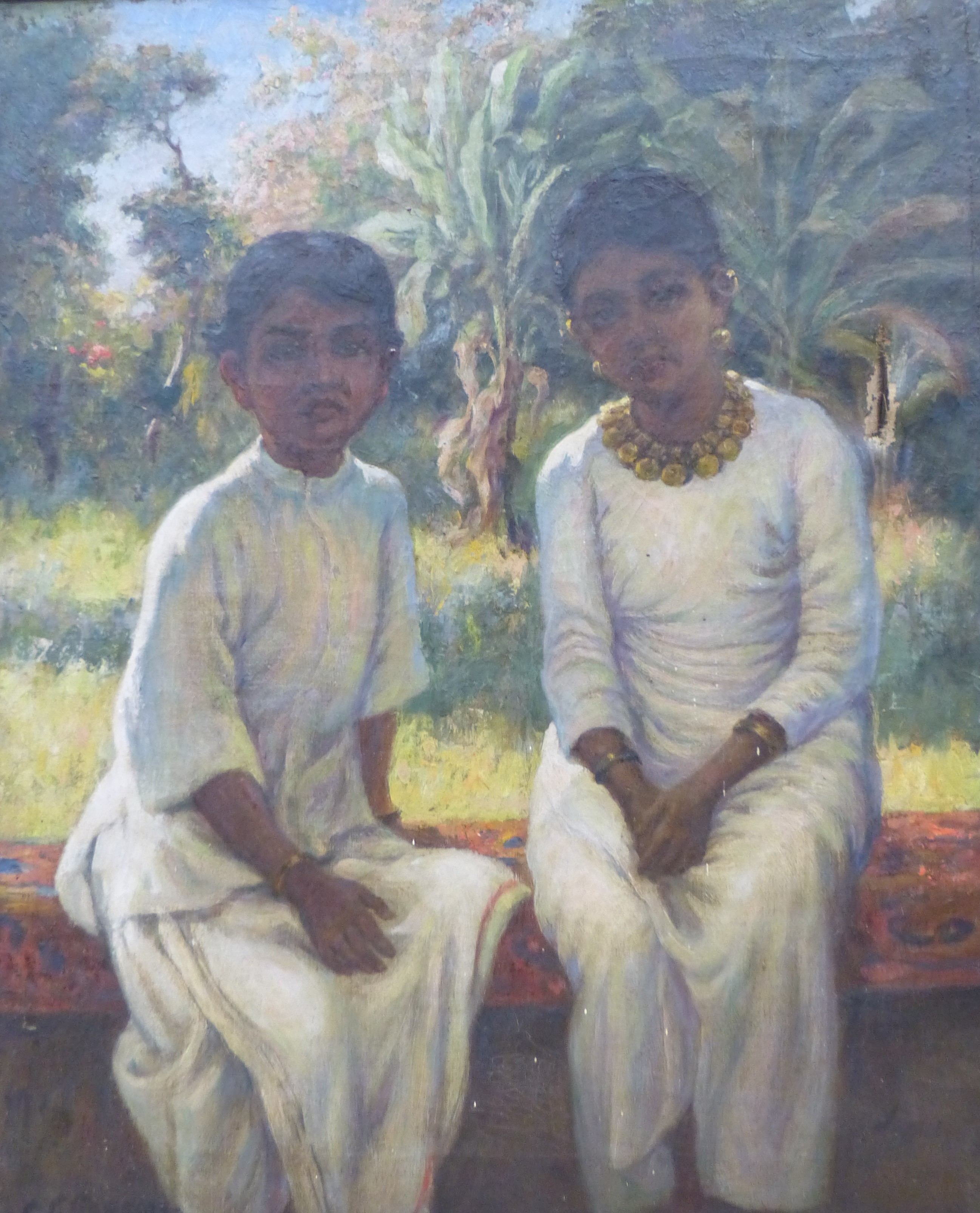 Constance Gertrude Copeman (1864-1953), oil on canvas, Portrait of two children with banana grove beyond, label verso, 55 x 45cm